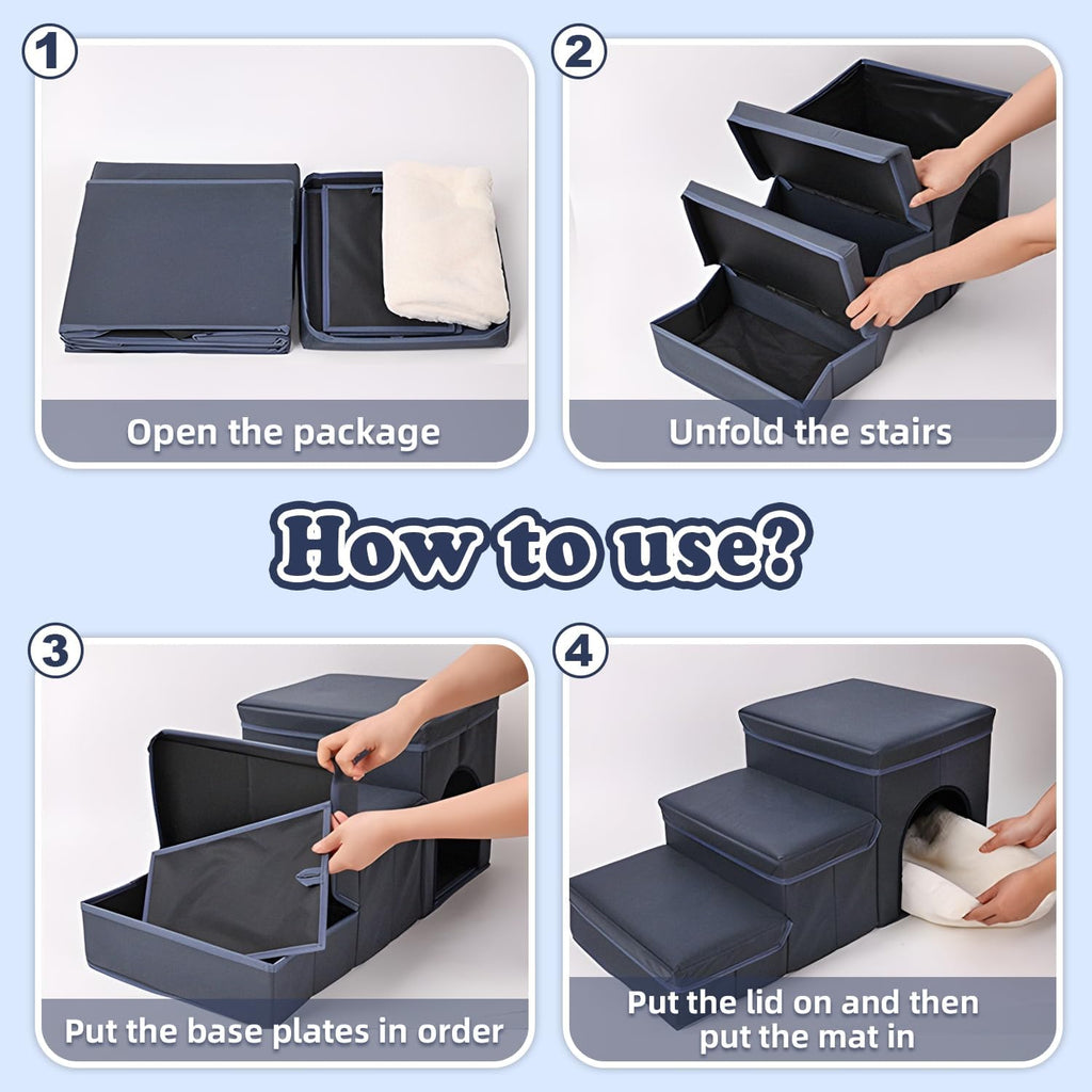 Foldable Dog Stairs With Storage - 3-Level Small To Medium Dog Breed Ramp, Oxford Fabric, Suitable For High Beds And Sofas, Pet Ladder, Dog Stairs
