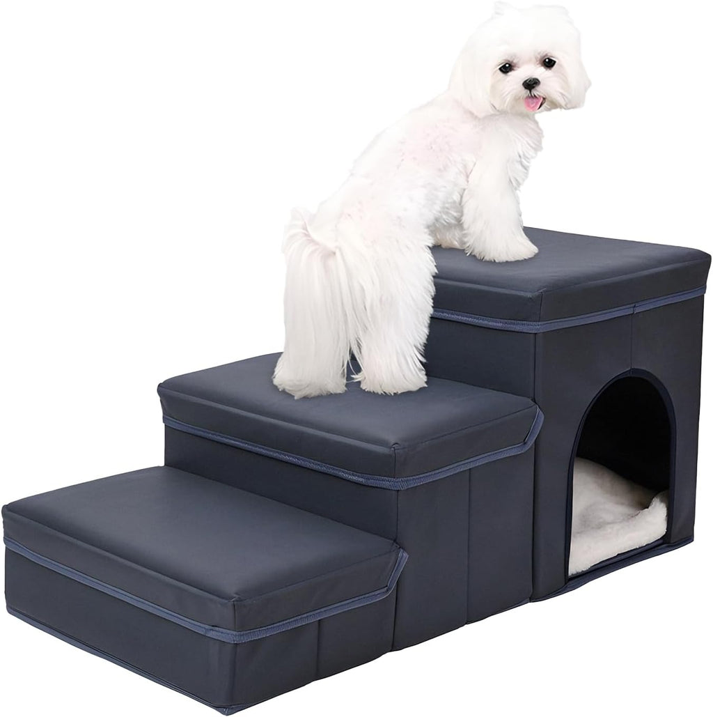 Foldable Dog Stairs With Storage - 3-Level Small To Medium Dog Breed Ramp, Oxford Fabric, Suitable For High Beds And Sofas, Pet Ladder, Dog Stairs